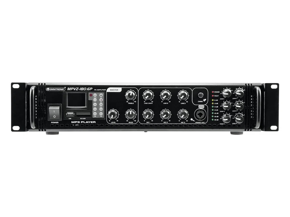 OMNITRONIC MPVZ-180.6P Mischverstärker | 6-Zonen-ELA-Mono-Mischverstärker, MP3-Player & IR-FB, Zonen regelbar, 180 W