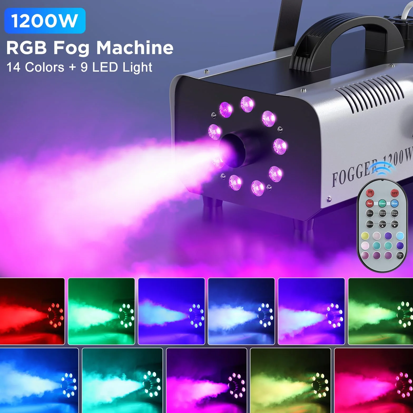 1200W Nebelmaschine 9 RGB 3 in 1 LED Rauchmaschine mit kabelloser tragbar Smoke Machine für Bar Hochzeitsfeiern Disco Party Club Bühnenauftritte Halloween