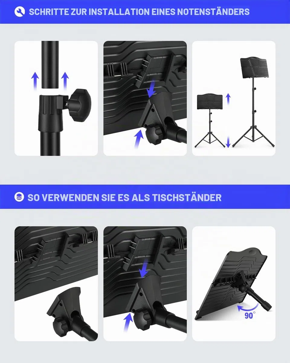 Donner Notenständer Faltbarer Reise-Metallständer Verstellbar DMS-1 mit Tragetasche, drehbares aufladbares Musiklicht und Clip-Halterung, tragbarer Projektorständer, Laptop-Ständer, Musikordner