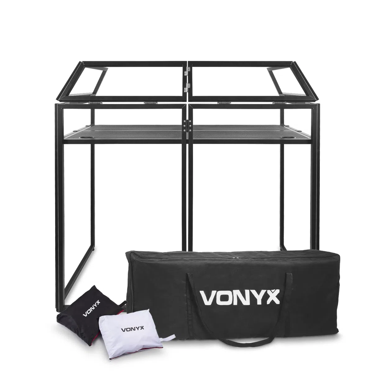 Vonyx DB3 DJ Pult, DJ Booth, großer mobiler DJ Tisch klappbar mit Tragetasche und weißer und schwarzer Husse, faltbar DJ Equipment, DJ Table, DJ Stand