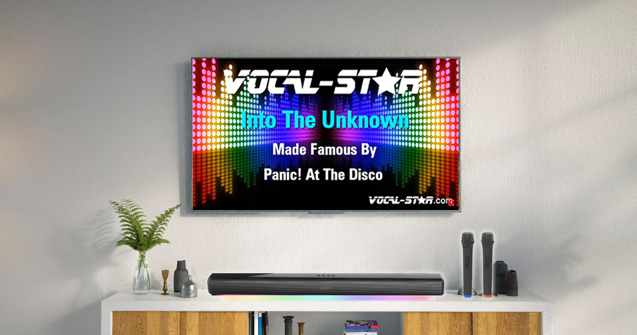 Vocal-Star Karaoke Maschine, Soundbar, 250w, 2 kabellose UHF Mikrofone, Wandhalterung, 9 RGBW Lichteffekte, Fernbedienung, HDMI ARC, BT, AUX, Optisch