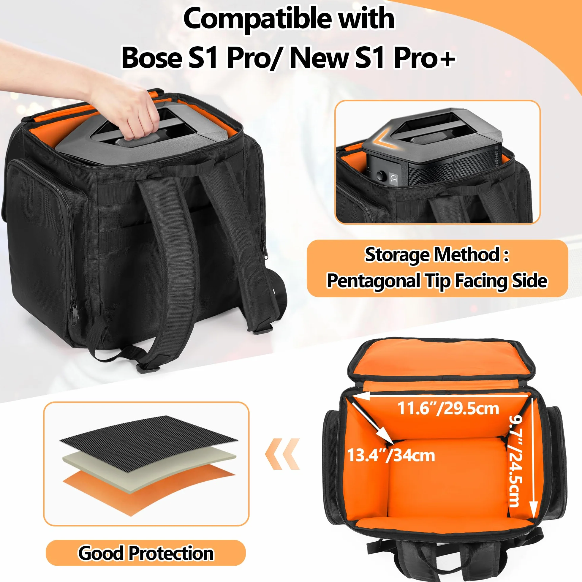 CURMIO Reisetragetasche Kompatibel mit Bose S1 Pro+, Bluetooth-Lautsprecher-Rucksack mit Schultergurten und Zubehörtaschen für Mikrofon, Ladegerät, Kabel, Schwarz