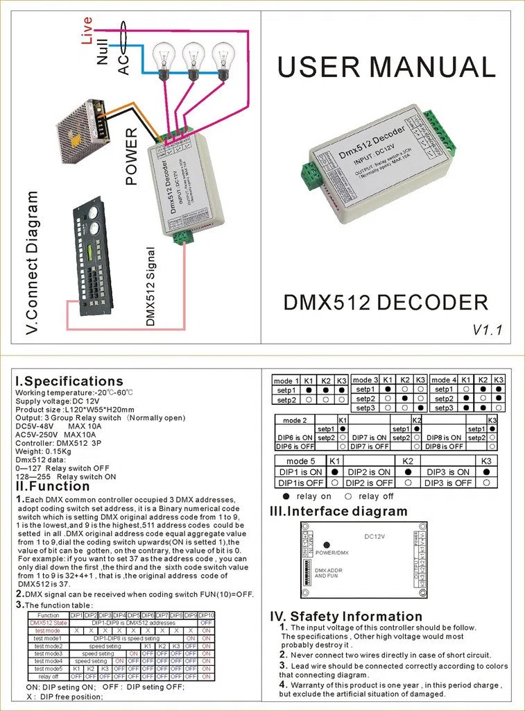 3 Kanäle 5 A DMX512 Decoder Controller Relay Switch Kit DIY Konverter DMX Dimmer Relay mit Schutzschalter
