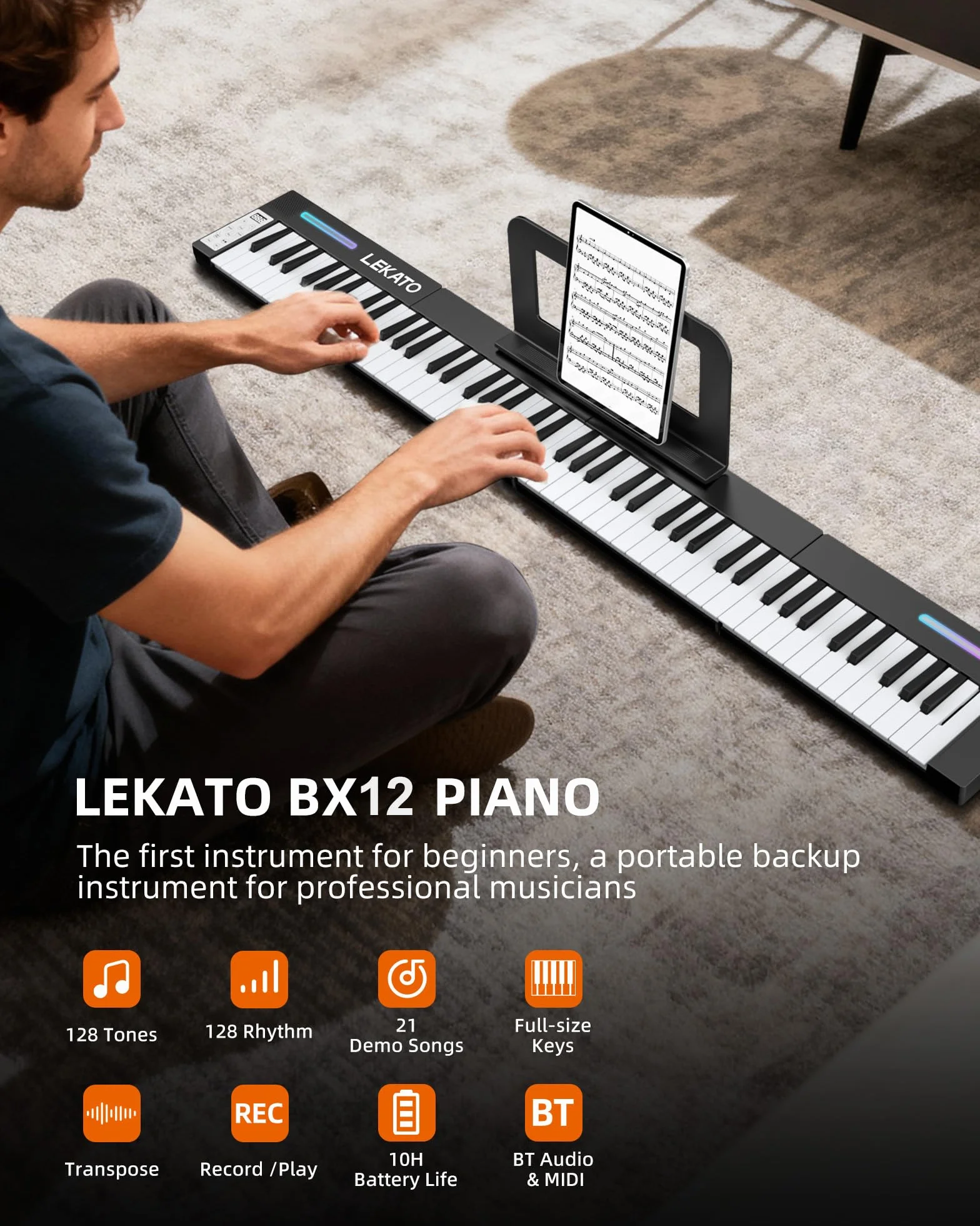 LEKATO Tragbares Piano Keyboard 88 Tasten, Magnetisch Faltbar E-Piano, 128 Sounds 128 Rhythmen Bluetooth MIDI Split Aufnahme, für Anfänger Reise Home