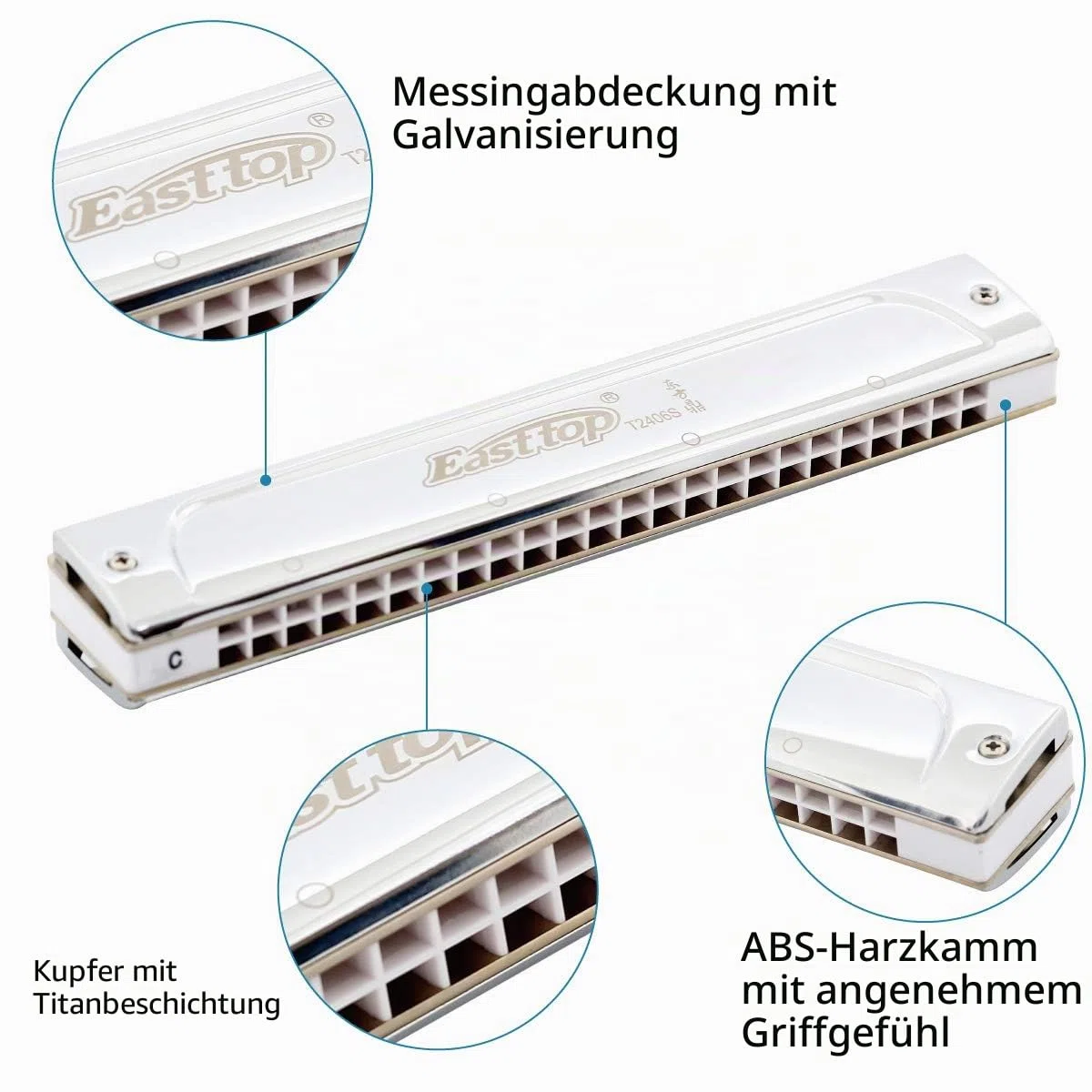 East Top Mundharmonika, Tremolo Mundharmonika Tonart C 24 Löcher T2406S Mundharmonika für Erwachsene, Profis, Anfänger und Studenten, als Geschenk (C)