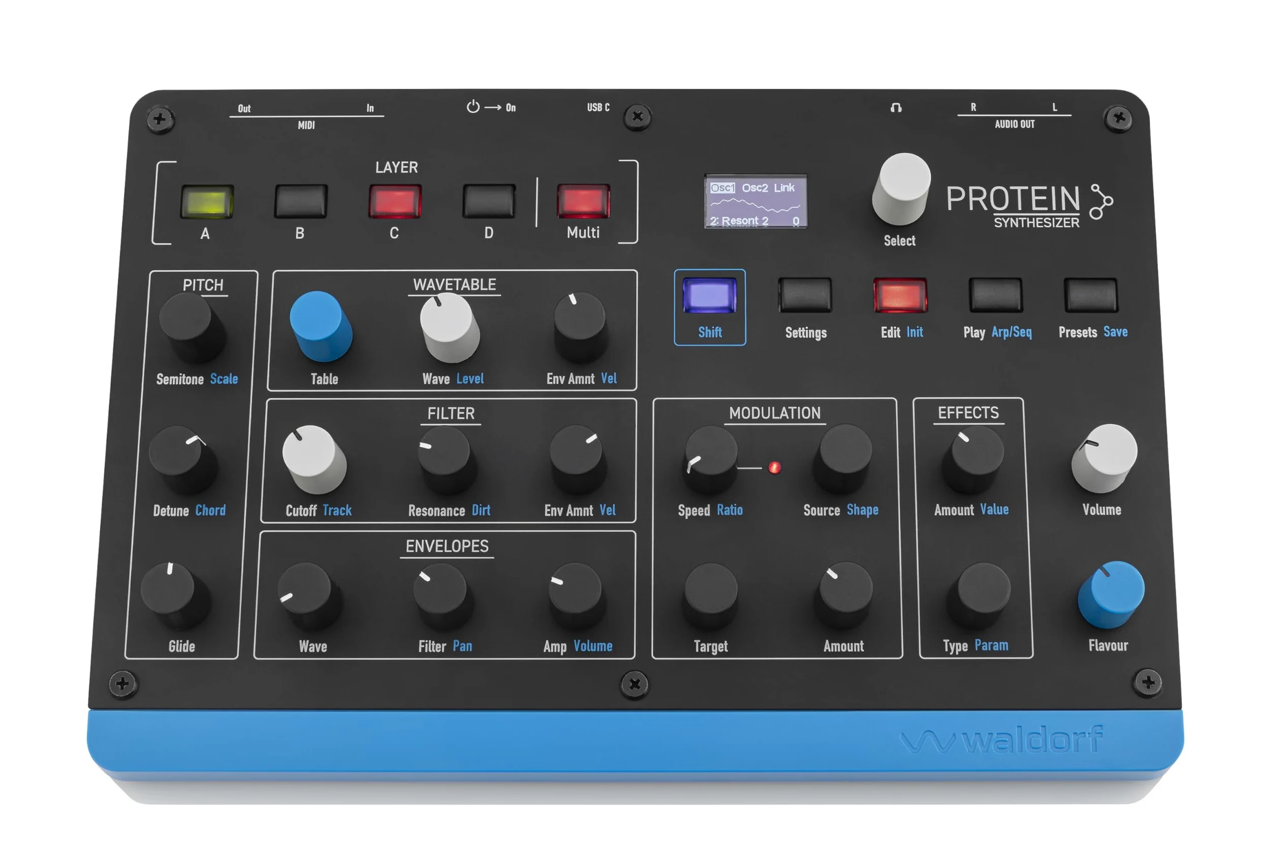 Waldorf Protein – 8-stimmiger Wavetable-Synth mit Microwave-ASIC-Oszillatoren, 4 Layer, Arpeggiator, Step-Sequencer, MPE, 2 Effektslots, USB-MIDI, kompakt & leicht