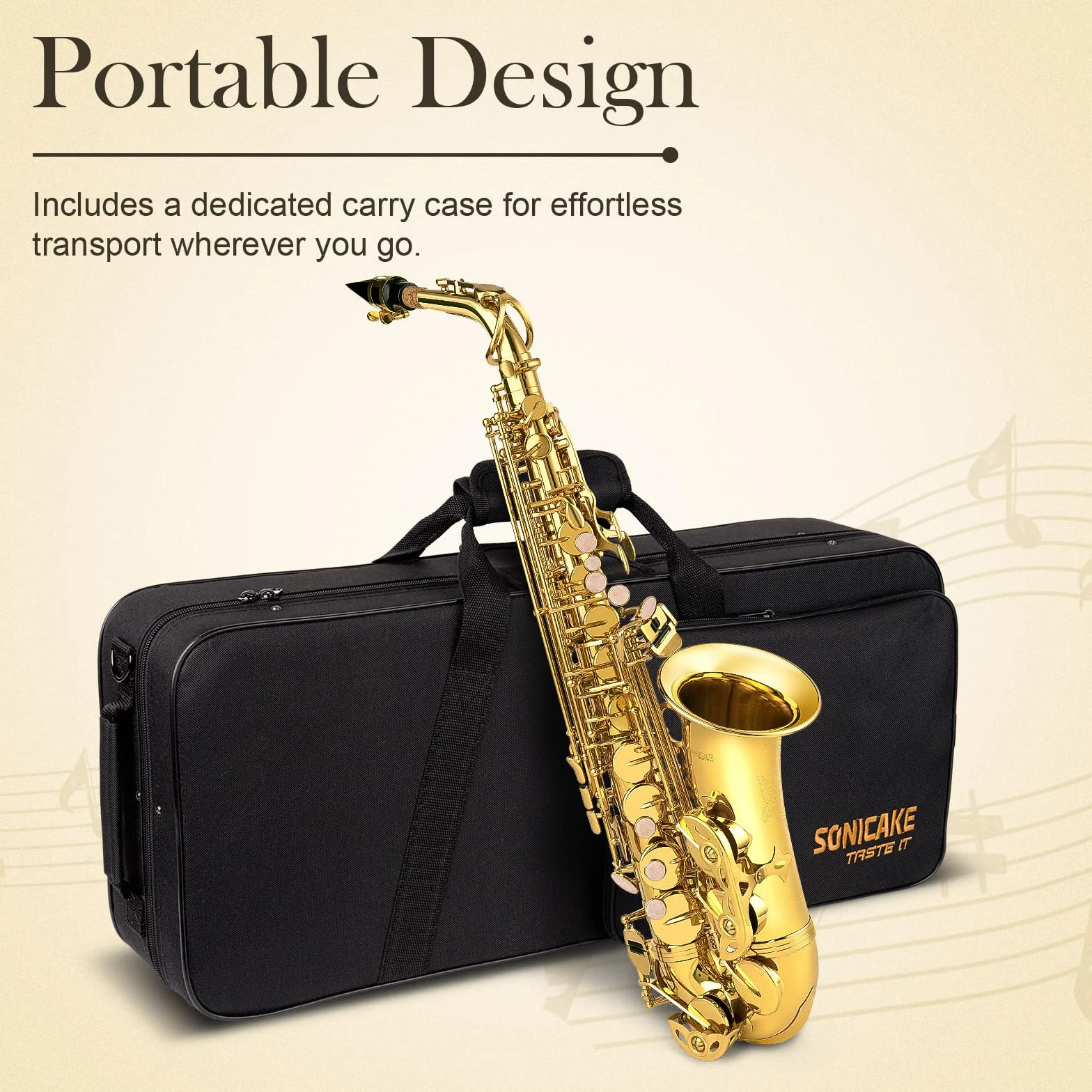 SONICAKE Eb Altsaxophon Goldlack, komplettes Saxophon-Set für Anfänger mit Koffer, Mundstück, Blättern, Ständer & Zubehör QSX-01