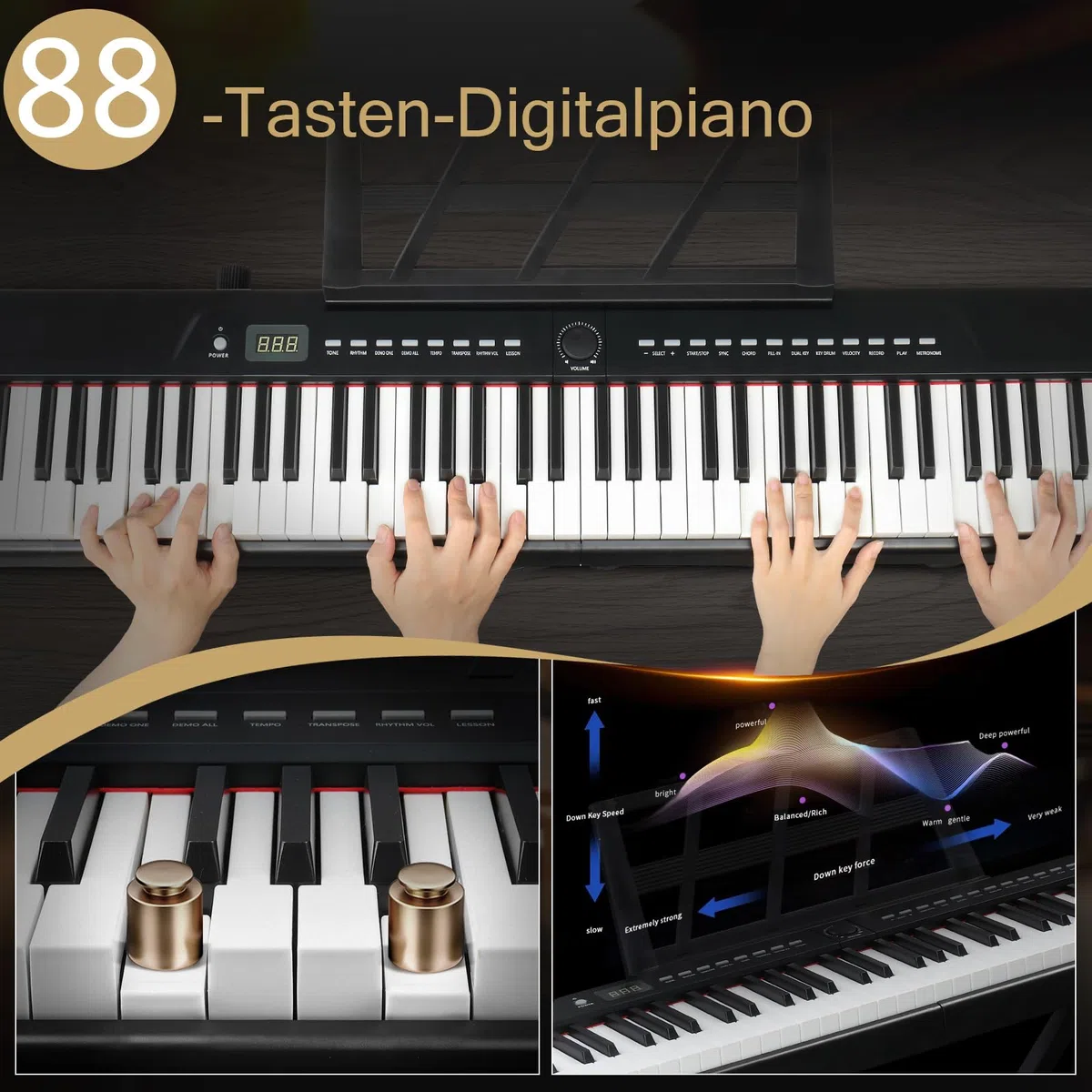 LEADZM 88 Tasten Halbgewichteten Digital Piano, Full Size Keyboard, Elektronische Tastatur mit Doppelrohr-X-förmigem Ständer, Bluetooth MIDI, Notenständer, Sustain-Pedal, Kopfhörer