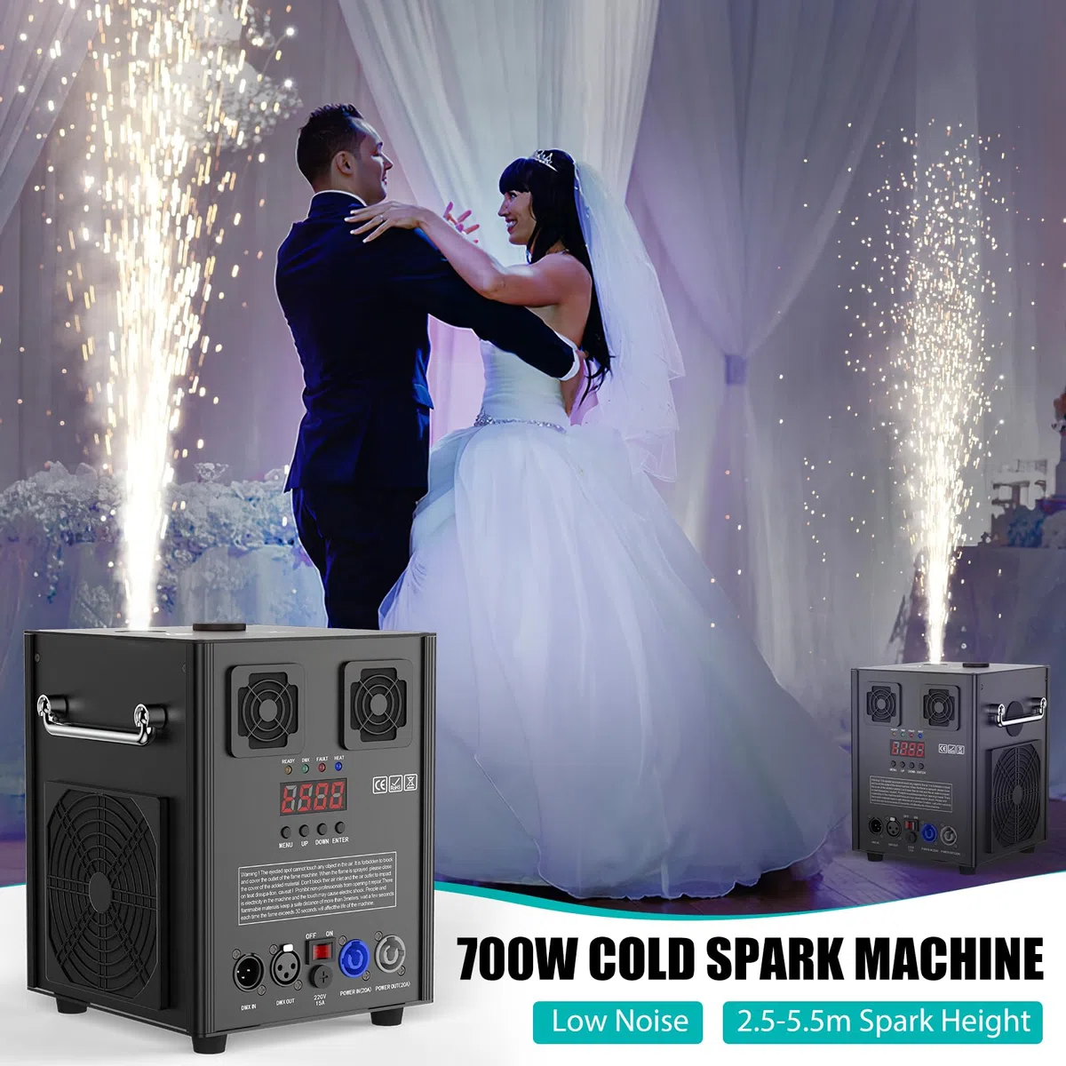 Neue Version 700W Pyrotechnikmaschinen, Kabellose Fernsteuerung Kalte Funken Maschine für Hochzeit DJ Show Partys (2er Schwarz mit Flightcase)