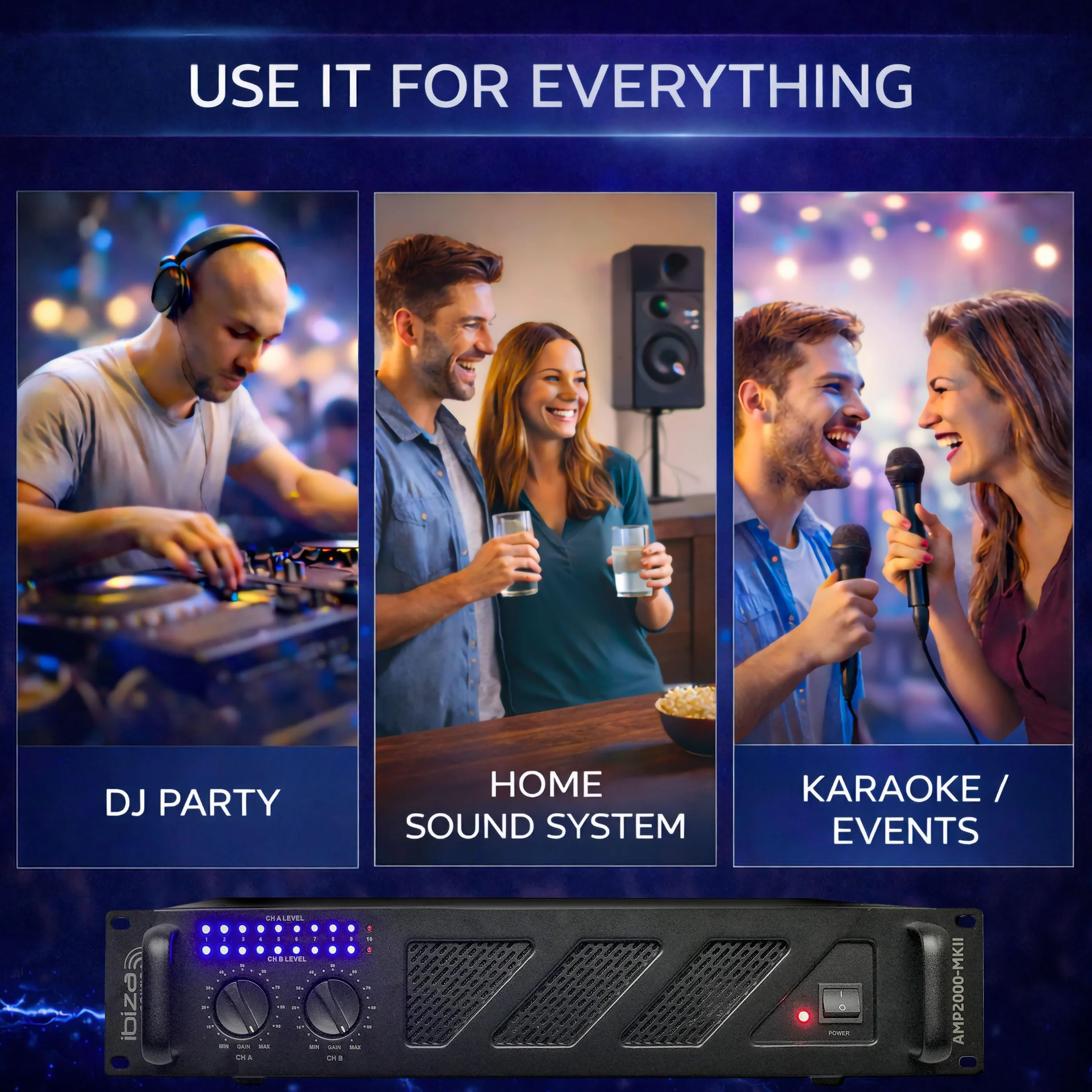 Ibiza AMP2000-MKII Professioneller PA-Verstärker 2x1500 W – 19-Zoll-Rack-montierbarer Stereo-Leistungsverstärker mit XLR-/Klinkeneingängen, Speakon-/Klemmenblock-Ausgängen und elektronischem Schutz