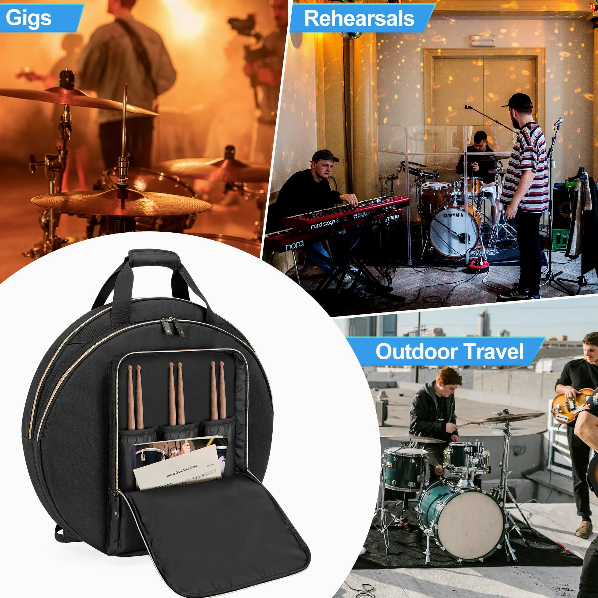 Damero 22" Tasche für Becken, Doppelschichtiges Beckentasche mit 6 mm gepolsterter Trennwand, Griffe und Rucksackgurte für Trommelbecken und Zubehör