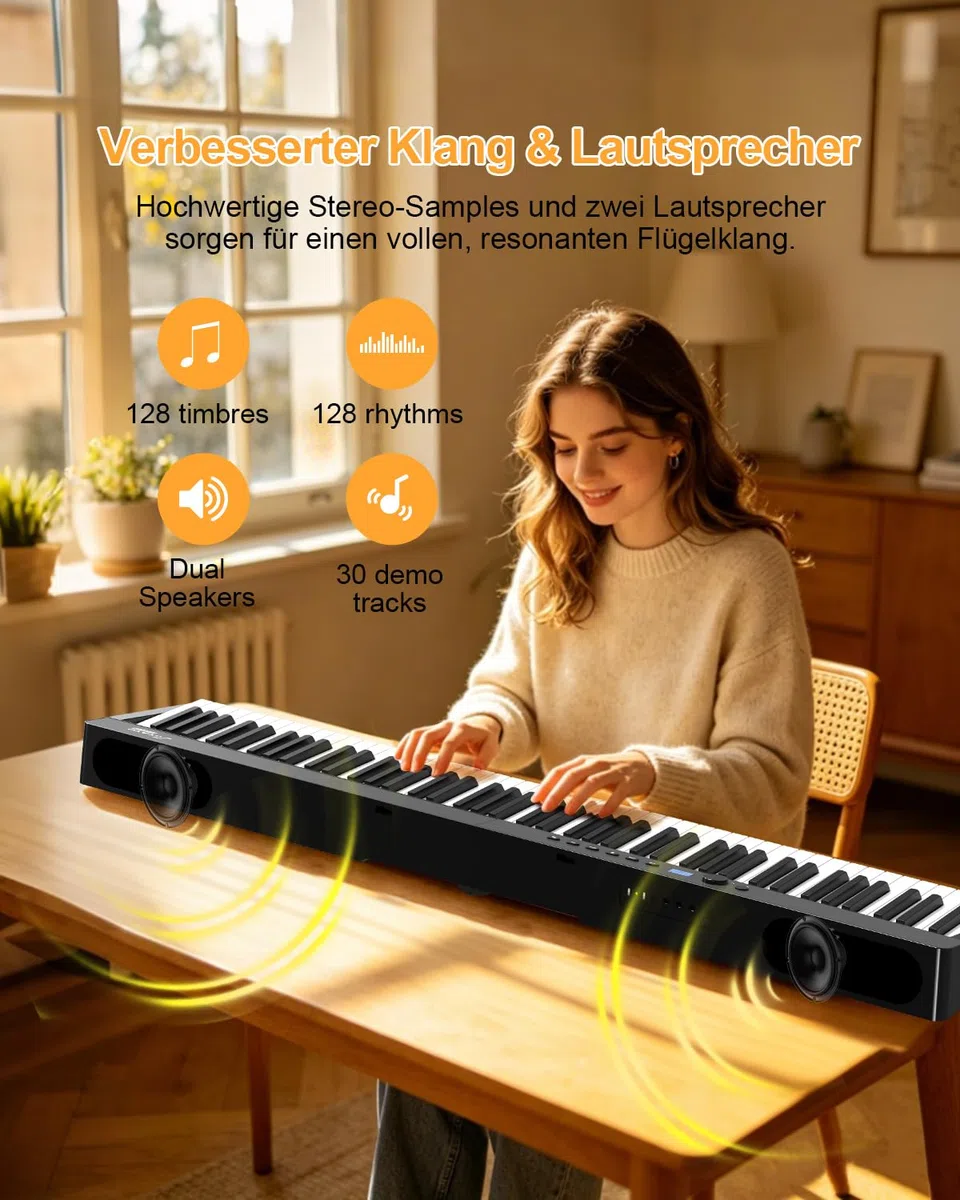 OYAYOFaltbares 88 Tasten Gewichteten Tasten Digitalpiano, Bluetooth MIDI & Audio, 128 Klänge & Rhythmen, 2600mAh Akku Stereolautsprecher, Elektronisches Klavier für Einsteiger & Musiker